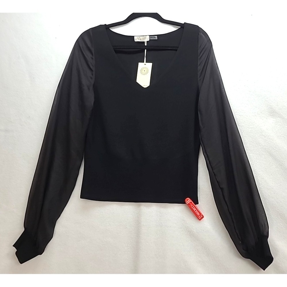 Ramy Brook Aaron V-Neck Sheer Blouson-Sleeve Top Sz‎ Lg